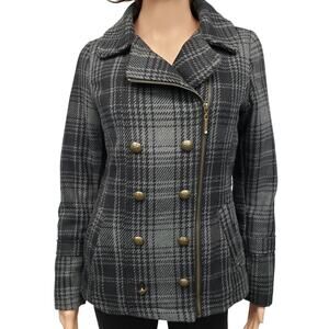 XOXO Faux Double Breasted Asymmetrical zip up Plaid Wool Blend Jacket Coat S